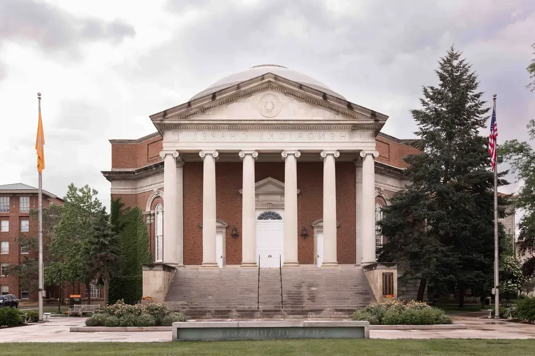 Hendricks Chapel on a cloudy rainy day.